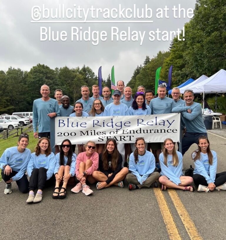 Bull City Track Club's open women's and grandmaster's teams at the start of the 2025 Blue Ridge Relay.